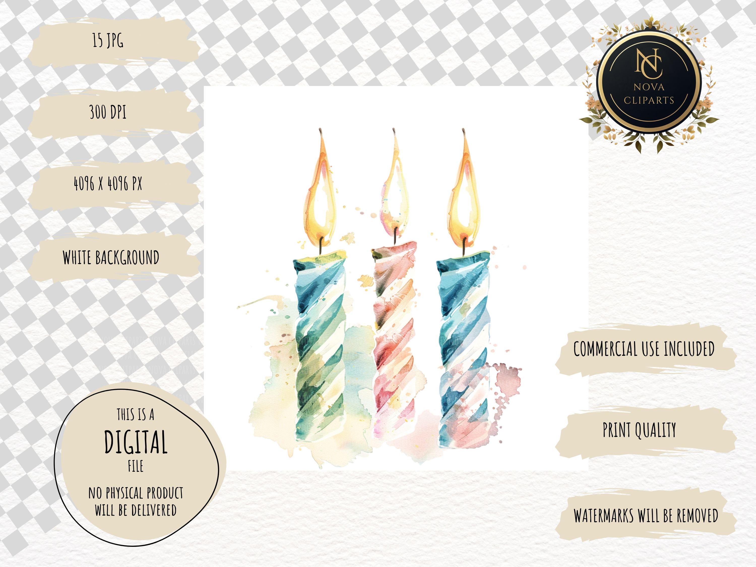 Watercolor Birthday Candle Clipart, Pastel Candles Illustration (JPG ...