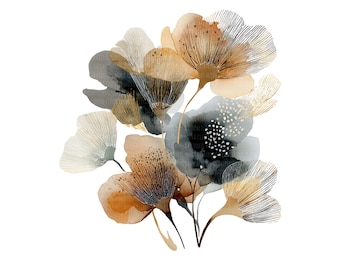 Conjunto de imágenes prediseñadas florales de acuarela neutra: paquete PNG de flores abstractas bohemias, arte botánico en tonos tierra, gráficos comerciales minimalistas modernos.