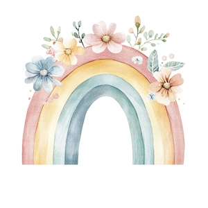 May include: A watercolour illustration of a rainbow in pastel shades of pink, yellow, and blue. The rainbow is decorated with delicate flowers in pink, yellow, and blue, and green leaves. The image has a soft, whimsical aesthetic.