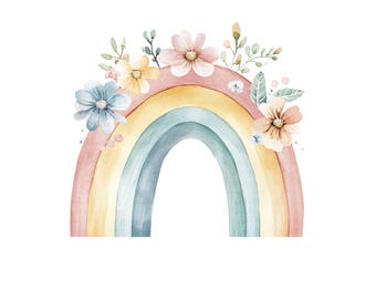Floral Watercolor Rainbow Clipart, Boho Nursery PNG (Digital Download)