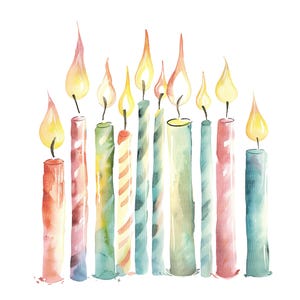 May include: Watercolour illustration of eleven lit birthday candles. The candles are in various colours, including red, green, and blue, with yellow and orange flames. The candles are painted in a loose, artistic style.