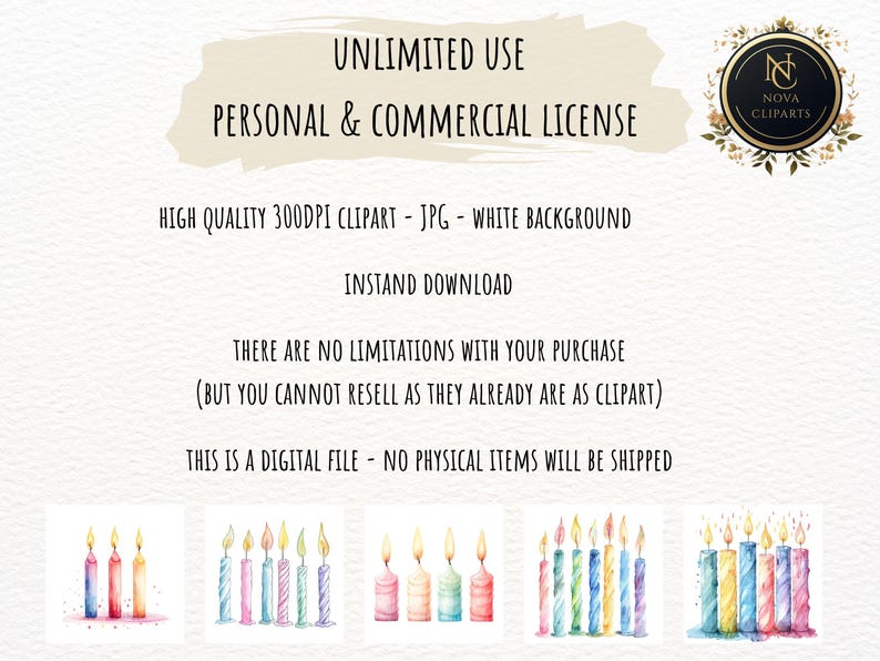 Watercolor Birthday Candle Clipart, Pastel Candles Illustration (JPG ...