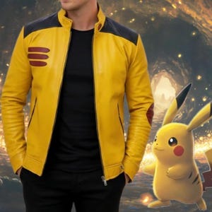 May include: A yellow leather jacket with black shoulder panels and red detailing. The jacket features a zip closure and a stand-up collar. A cartoon Pikachu character is in the background.