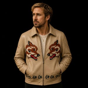 May include: A tan leather jacket featuring embroidered fox heads on the chest. The jacket has a zip closure, a collar, and pockets. The fox heads are brown, red, and black. The jacket is worn over a cream-coloured shirt.