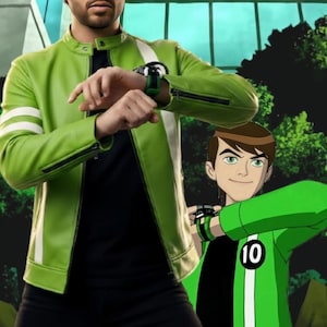 May include: A green leather jacket with white stripes on the sleeves and a black watch. The jacket has a zipper closure and a stand-up collar. A cartoon character in a green jacket and a watch is also in the image.