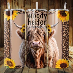 Funny Highland Cow Moody Heifer PNG | Western Boho Sunflower Tumbler PNG | 20 oz Skinny Seamless Wrap | Digital Download Sublimation Design