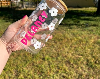Custom Name Daisy Glass Cup | 16oz Libbey Iced Coffee Cup