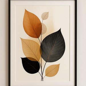 Impressão de parede minimalista com folhas botânicas | Decoração de natureza abstrata em tons de terra | Pôster moderno emoldurado para casa e escritório