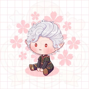 Puede incluir: Una ilustración de dibujos animados de un elfo de pelo blanco con mejillas rojas sentado sobre un fondo rosa con flores de cerezo rosa.