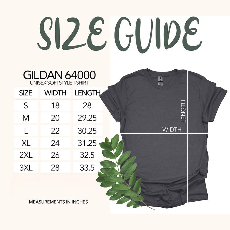 以下が含まれることがあります： Gildan 64000ユニセックスソフトスタイルTシャツのサイズガイド。Sから3XLまでのサイズのインチ単位の測定値を示しています。幅は45.7cmから71.1cm、長さは71.1cmから85.1cmです。濃い灰色のTシャツが表示されています。