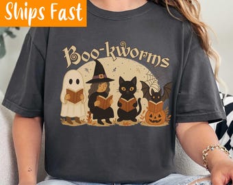 Boo-Kworms Halloween T-Shirt: Bookish Ghost, Witch & Cat Fall Tee