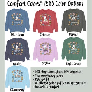 May include: A selection of Comfort Colors sweatshirts in various hues, including blue jean, crimson, and light green. Each sweatshirt features a graphic of a bunny and the text "Planning to Plan is My Actual Plan". The image also lists fabric details.
