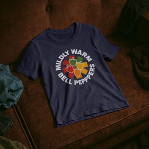 Mildly Warm Bell Peppers Shirt, Funny Band Tee, Red Hot Chili Peppers Parody, Retro Rock T-Shirt, Fake Band Logo, Veggie Music Gift