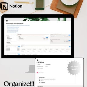 May include: A workspace setup with a Notion logo, a smartphone, a tablet displaying a financial dashboard, and a notebook. The image includes the text "Organize!!!" and "PBC Lists". A cup of coffee and a candle are also visible.