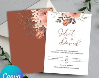 Burnt Orange Floral Wedding Invitation Set: Rustic Canva Template (5x7 Printable)