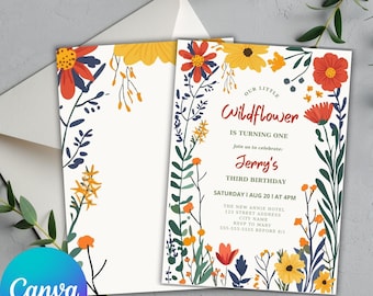 May include: A birthday invitation with a wildflower theme. The invitation features colorful floral illustrations in orange, yellow, and blue, with the text "Our Little Wildflower" and event details. The Canva Editable logo is visible.