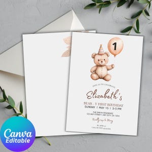 Convite de aniversário de ursinho de pelúcia | Convite para festa de bebê urso | Modelo de aquarela editável do Canva | Cartão comemorativo para impressão