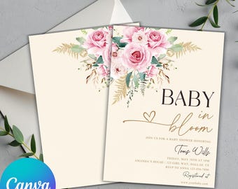 May include: Baby shower invitation with a floral design. The invitation features pink roses and greenery, with the words "BABY in bloom." The invitation includes details for the event, such as the date, time, and location.