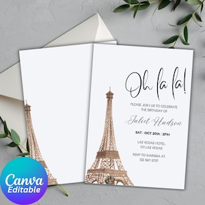 Paris-Geburtstags-Einladung | Eiffelturm Party einladen | Schick Oh la la! Bearbeitbare Canva Vorlage | Druckbare personalisierte Party Karte für jedes Alter