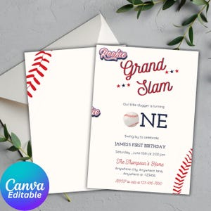 Baseball Birthday Invitation | Rookie Party Invite | Grand Slam Editable Canva Template | Printable Unique Personalized Card