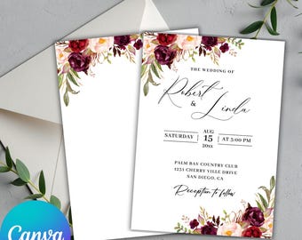 Burgund Blush Hochzeitseinladung | Elegante Blumen Klassisch Rosen-Einladen | Bearbeitbare Canva Vorlage | Digitale Zeremonie Hochzeit einladen
