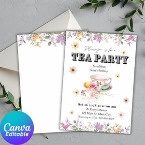 Elegant Tea Party Invitation | Editable Floral Birthday Invite | Vintage Teacup Canva Template | Digital Download Printable