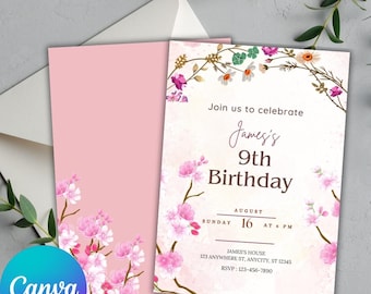 May include: A pink birthday invitation with floral accents. The invitation reads "Join us to celebrate James's 9th Birthday" with date and time details. A matching pink envelope is included. The Canva Editable logo is visible.