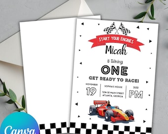 Könnte beinhalten: Weiße Einladungskarte mit einer roten und gelben Rennwagen-Grafik. Die Karte lautet "Start Your Engines" und "Micah is turning ONE." Enthält Veranstaltungsdetails: 19. November, 15:00 Uhr und Adresse.
