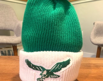 Vintage 80s Kelly Green Pom Knit Winter Hat NOS, Upcycled w/ Philadelphia Eagles Emblem