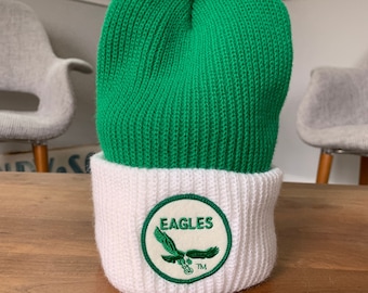 Vintage 80s Kelly Green Pom Knit Winter Hat NOS, Upcycled w/ Philadelphia Eagles 2" Emblem