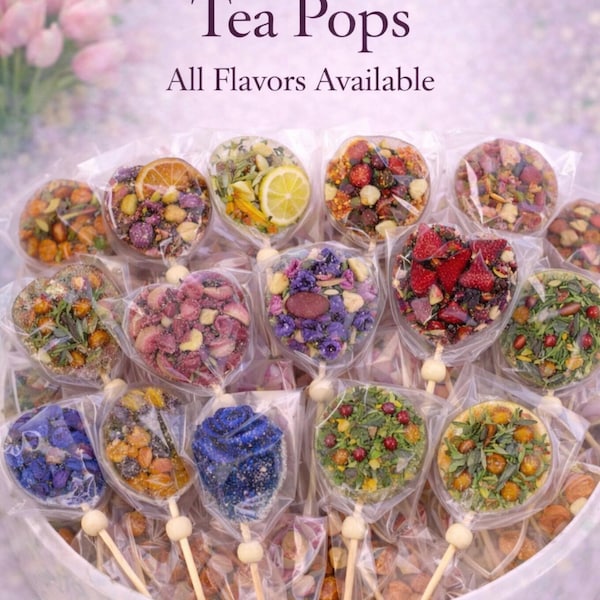 Piruletas artesanales de té de hierbas: Isomalt sin azúcar con frutas y flores deshidratadas.