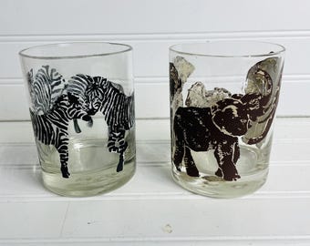 Vtg 2 Tastesetter MCM Lowball Whiskey Glasses Elephant Zebra Print Vintage