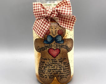 Receta de pan de jengibre, tarro de cristal, portavelas votivo, vela de té, pintado a mano, estilo rústico primitivo.