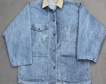 Vtg 80s Denim Chore Coat Sz L Stuffed Shirt Denim Corduroy Collar Barn Jacket