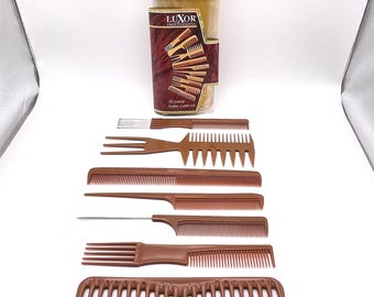 Kit de peine de hueso Luxor vintage con púas marrones y estuche (faltan 3 piezas) (no son huesos auténticos)