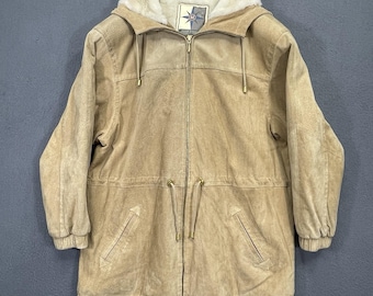 Parka vintage de piel de ante para mujer, talla M, con capucha de piel, abrigo de trabajo de cuero, chaqueta forrada, color tostado