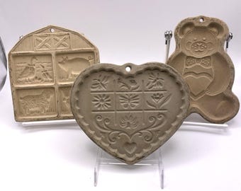 Lote de 3 moldes vintage de cerámica para galletas de mantequilla Pampered Chef con diseño de oso, granja y corazón.
