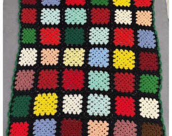 Vtg Crochet Roseanne Granny Square Afghan Throw Lap Blanket Colorful Multi 47x41