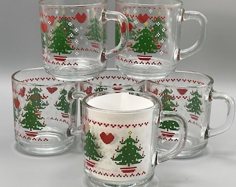 Vtg (6) 1984 Clear Glass Christmas Tree Cross Stitch Mug Coffee Anchor Hocking