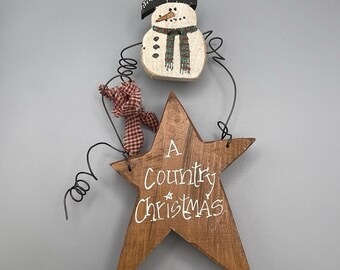 Estrella de madera vintage, muñeco de nieve, casa de granja, decoración navideña, alambre de pie, folk primitivo