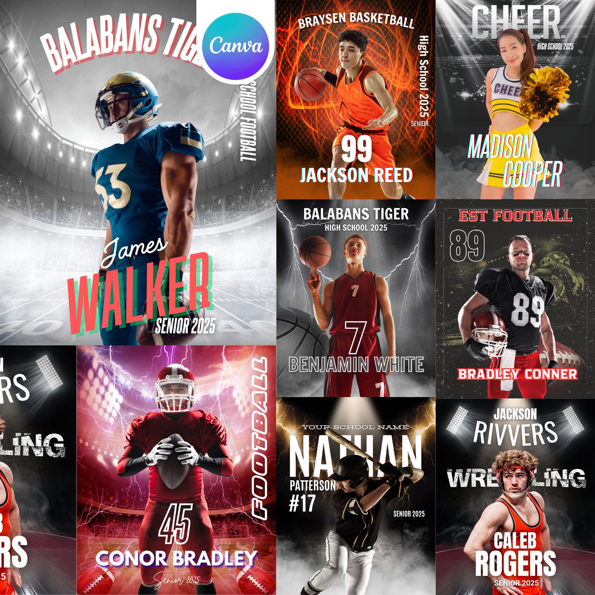 8 Sports Poster Canva Editable Bundle, Senior Banners, Football & Basketball Backdrops, Photo Templates, Sports Poster Template, Canva