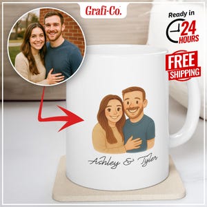 Custom Couple Portrait Coffee Mug – Personalized Cartoon Illustration from Photo – Anniversary Gift, Wedding Gift, Valentine’s Day Gift
