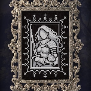 May include: A cross-stitch pattern featuring a knight in armour holding a sword, rendered in white and grey on a black background, enclosed in an ornate metallic frame. The text Midnight Stitch is printed in white at the bottom of the image.