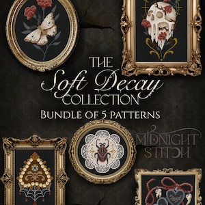 Puede incluir: El paquete de 5 patrones de punto de cruz de la colección Soft Decay. Incluye diseños enmarcados de una mariposa, calavera, escarabajo, telaraña y corazones. Cada diseño en marcos dorados ornamentados.
