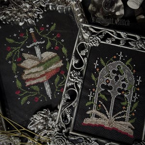 May include: Two framed cross-stitch artworks. One shows a sword through books, encircled by foliage and berries. The other depicts a gothic archway with floral details. Both are in decorative silver frames, ideal for gothic or alternative decor.