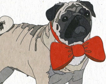 Illustrated Pug Dog Blank Greetings Card