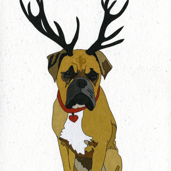 Illustrated Deer Boxer Dog Blank Card