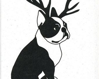 Illustrated Deer Boston Terrier Blank Card