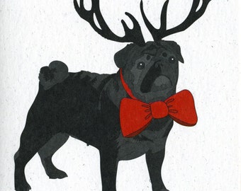Illustrated Deer Black Pug Blank Card