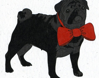 Illustrated Black Pug Blank Greetings Card